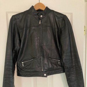 Sheepskin Leather Moto Jacket, Cafe Racer with red lining Small/Medium